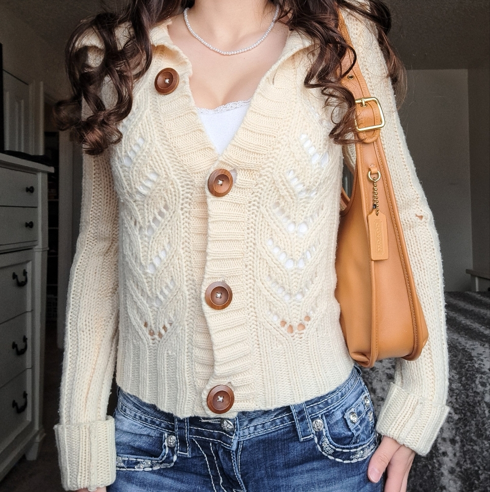 Vintage Hollister 100% Wool Fisherman Cable Sweater Cardigan Size Medium